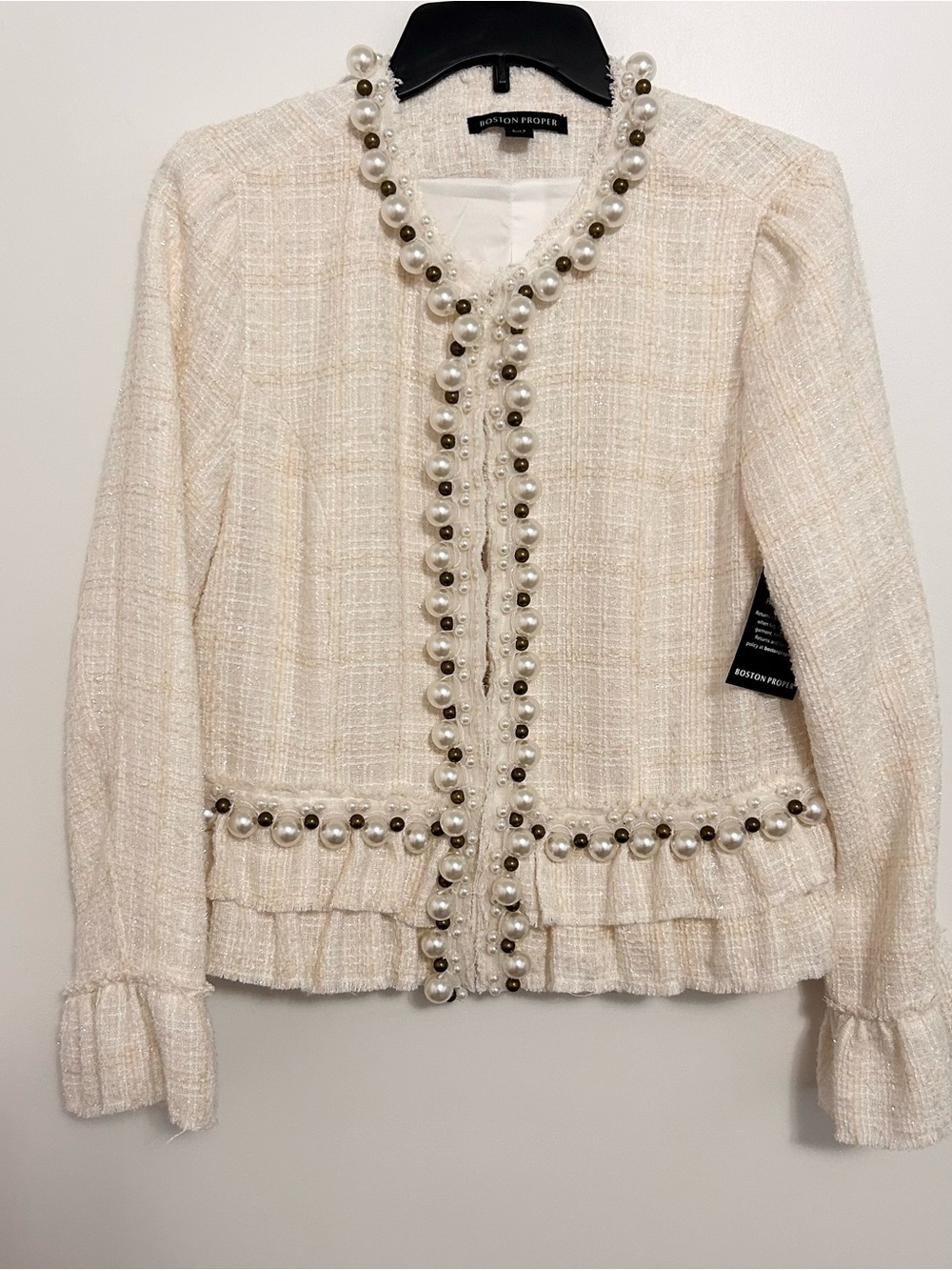 Boston Proper Pearl Trim Tweed Ruffle Detail Jacket Size 8 - Picture 4 of 8